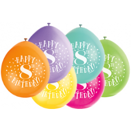 9" Happy 8th Birthday Assorted Colours Balloons Pack of 10