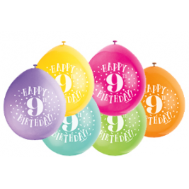 9" Happy 9th Birthday Assorted Colours Balloons Pack of 10