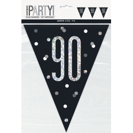 90th BIRTHDAY GLITZ BLACK PRISMATIC PLASTIC PENNANT BANNER
