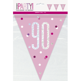 90th Birthday Glitz Pink Prismatic Plastic Pennant BannerR