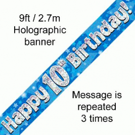 9ft Banner Happy 10th Birthday Blue holographic