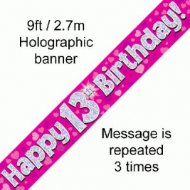 9ft Banner Happy 13th Birthday Pink holographic