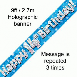 9ft Banner Happy 14th Birthday Blue Holographic