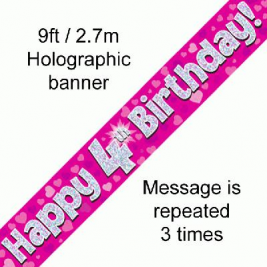 9ft Banner Happy 4th Birthday Pink holographic