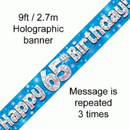 9ft Banner Happy 65th Birthday Blue Holographic