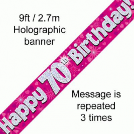 9ft Banner Happy 70th Birthday Pink Holographic