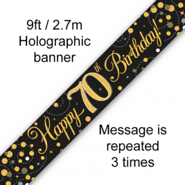 9ft Banner Sparkling Fizz 70th Birthday Black & Gold Holographic