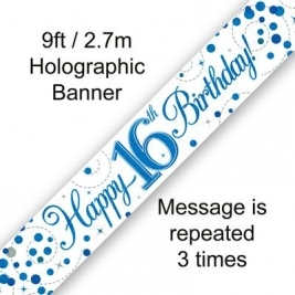 9ft Banner 16th Sparkling Fizz Birthday Blue Holographic
