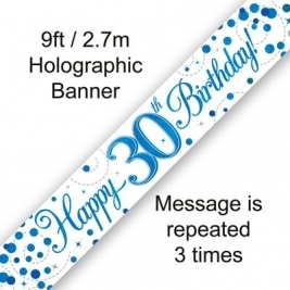 9ft Banner 30th Sparkling Fizz Birthday Blue Holographic