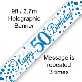 9ft Banner 50th Sparkling Fizz Birthday Blue Holographic