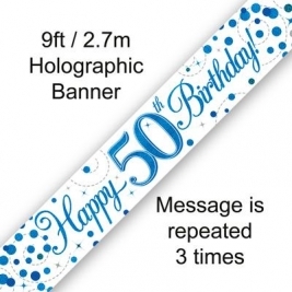 9ft Banner 50th Sparkling Fizz Birthday Blue Holographic
