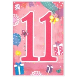Age 11 Girl Birthday Card - Bright Pink Eleven & Patterned Flowers
