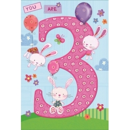 Age 3 Girl Birthday Card - Pink Rabbits, Tiny Flowers & Balloons 7.75" x 5.25"