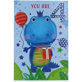 Age 4 Boy Birthday Card - Purple Monster, Pepperoni Pizza & Drink
