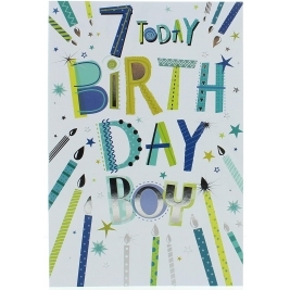 Age 7 Boy Birthday Card - Big Yellow Crane & Multicoloured Stars 7.75" x 5.25" 