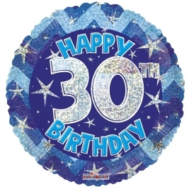 Blue Holographic Happy 30Th Birthday Balloon - 18 Inch