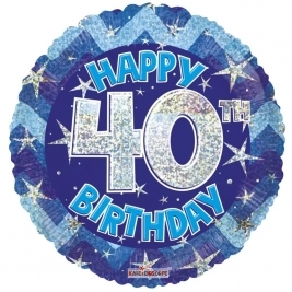 Blue Holographic Happy 40Th Birthday Balloon - 18 Inch