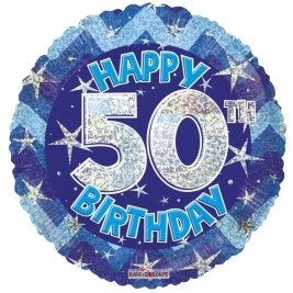Blue Holographic Happy 50Th Birthday Balloon - 18 Inch