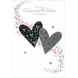 Diamond 60th Wedding Anniversary Card - Grey Heart, Doves & Jewels 7.75" x 5.25"