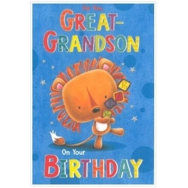 Great Grandson Birthday Card - Lion with Multicoloured Writing 7.75" x 5.25"