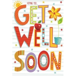 Greetings Get Well Soon Card - Bright Text, Big Flower & Red Apple