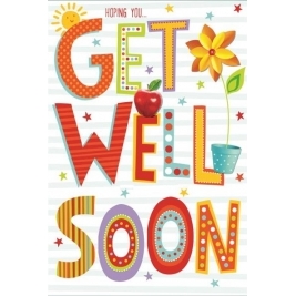 Greetings Get Well Soon Card - Bright Text, Big Flower & Red Apple