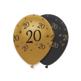 Number 20 Black and Gold Pearlescent Latex Balloons All Round Print