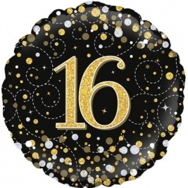 Oaktree 16th Sparkling Fizz Birthday Black & Gold Holographic 18"