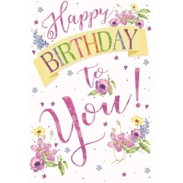 Open Female Birthday Card - Purple Text, Flowers & Little Hearts 7.75" x 5.25"