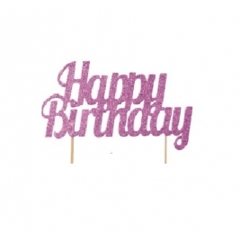 Pink Glitter Happy Birthday Cake Topper