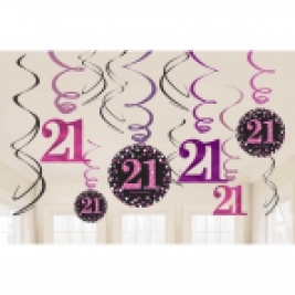 Pink Sparkling Celebration 21st Swirl Decorations - pack of 12