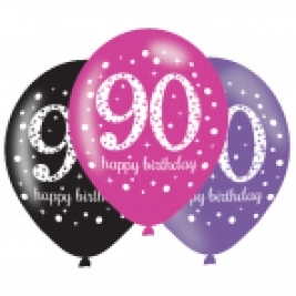 Pink Sparkling Celebration 90th Birthday Latex Balloons - Pack of 6