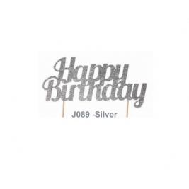 Silver Glitter Happy Birhday Cake Topper	