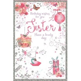 Sister Birthday Card - Blue Flower Basket, Lilac Present & Cupcake 7.75" x 5.25"
