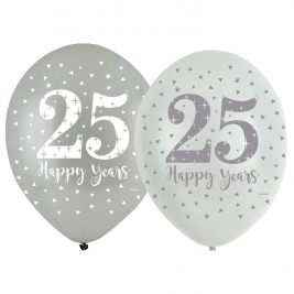 Sparkling Silver Anniversary 4 Sided Latex Balloons 11" - Pack of 6