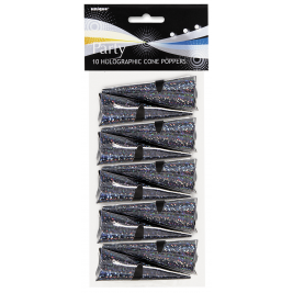 Black Holographic Cone Party Poppers (10pk)