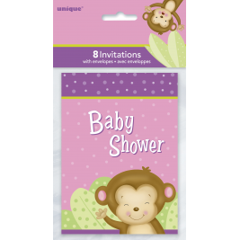 Girl Monkey Baby Shower Invitations (8pk)