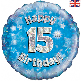 Happy 15th Birthday Blue Holographic 18" Foil Balloon