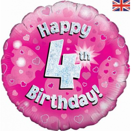 Happy 4th Birthday Pink Holographic Foil Balloon