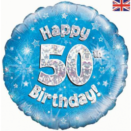 Happy 50th Birthday Blue Holographic Foil Balloon