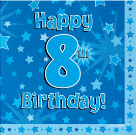 Happy 8th Birthday Blue 33cm x 33cm 3-ply Napkins 16pcs