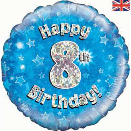 Happy 8th Birthday Blue Holographic Foil Balloon