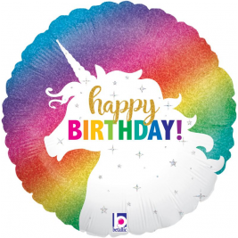 Happy Birthday Betallic Unicorn Glitter Holographic 18" Foil Balloon