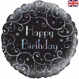 Happy Birthday Black Swirls Holographic 18" Foil Balloon