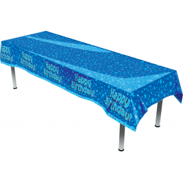 Happy Birthday Blue Colourfast Plastic Table Cover 137cm x 2.6m 1pc