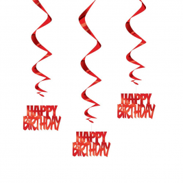 Happy Birthday Red Hanging Swirl Decorations (3pk)