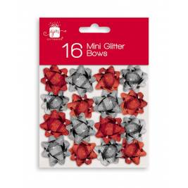 Pack of 16 Mini Glitter Bows Red and silver