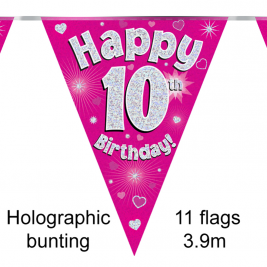 Party Bunting Happy 10th Birthday Pink Holographic 11 flags 3.9m