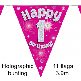 Party Bunting Happy 1st Birthday Pink Holographic 11 flags 3.9m