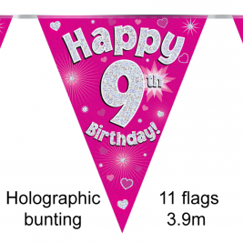 Party Bunting Happy 9th Birthday Pink Holographic 11 flags 3.9m